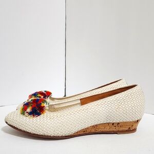 Pointed Toe Straw Woven Cork Wedge heel Pom Pom Loafers‎ Cream 7.5 BOB BAKER